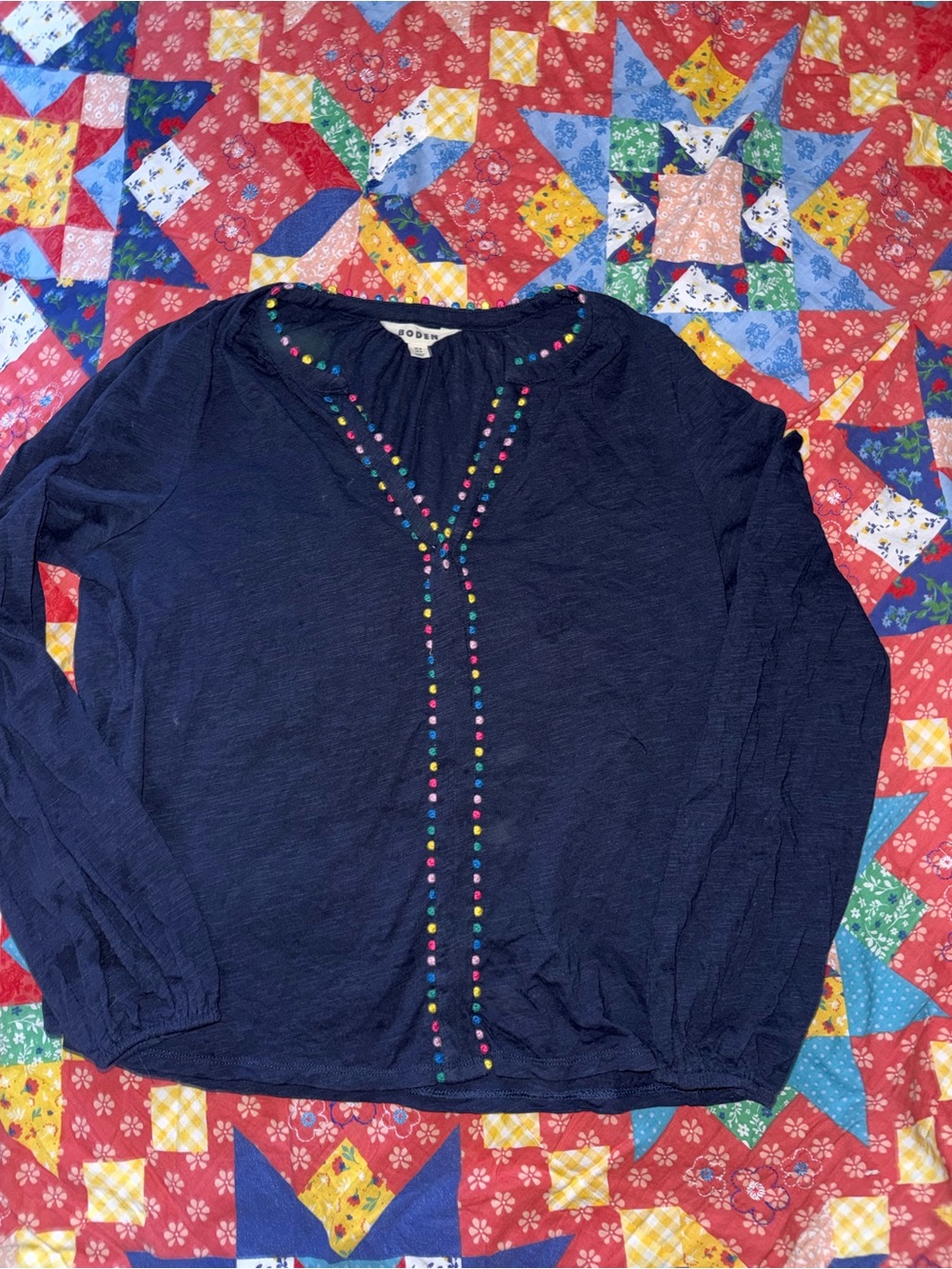 Boden Navy Long-Sleeve Top with Multicolor Dot Embroidery